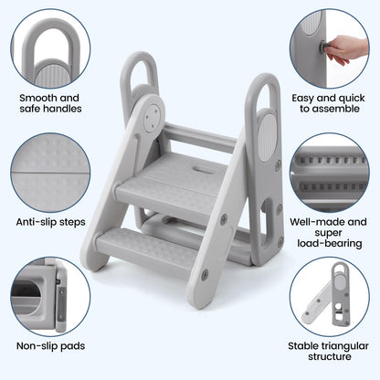 Takywep Banqueta 3 Degraus Dobrável Cinza para Crianças com Alças