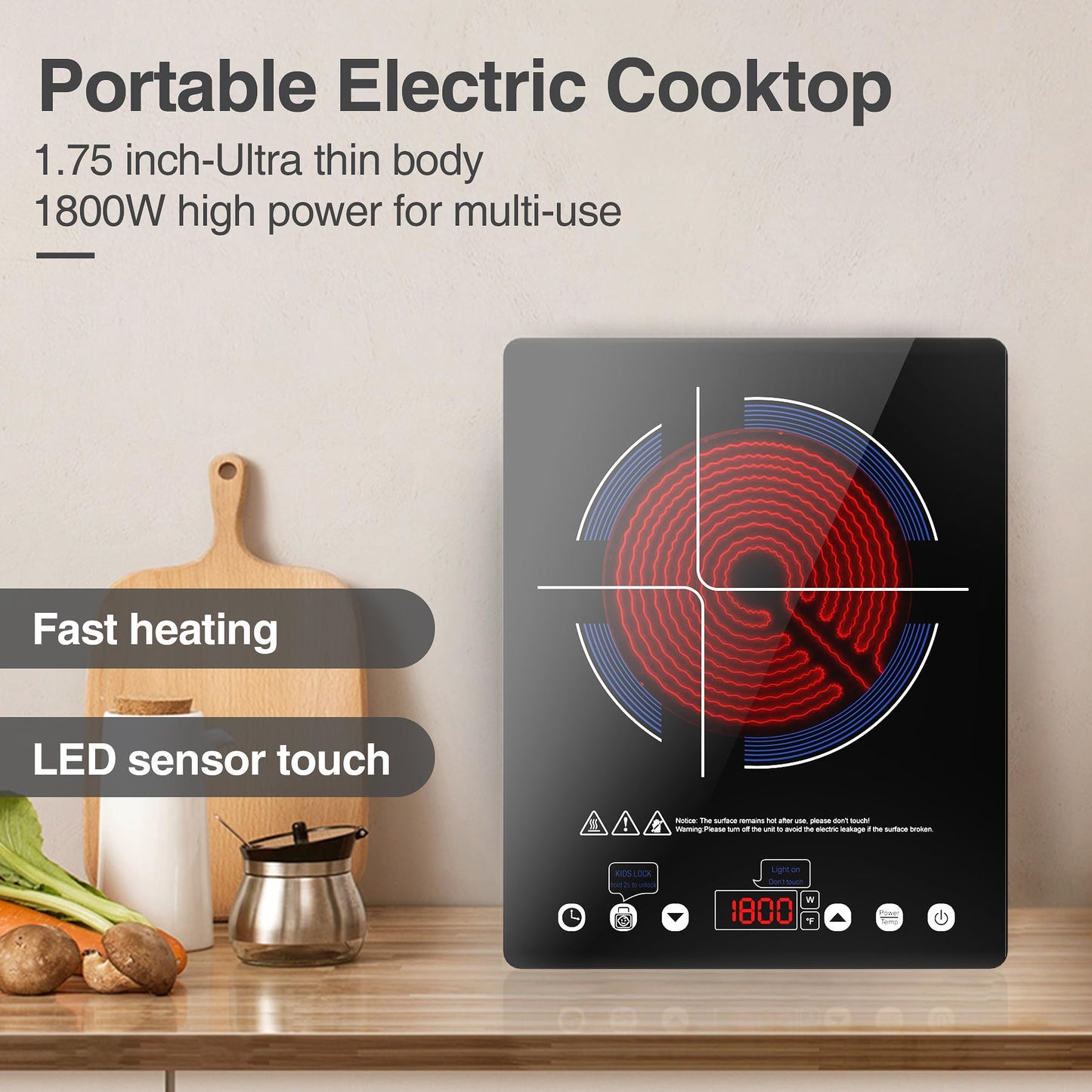 VBGK Cooktop Elétrico 1800W, 9 Níveis, Controle de Toque e Timer (Preto)