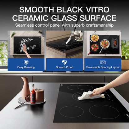 Cooktop Elétrico AMZCHEF 30" com 4 Bocas e Controle Touch (Preto)