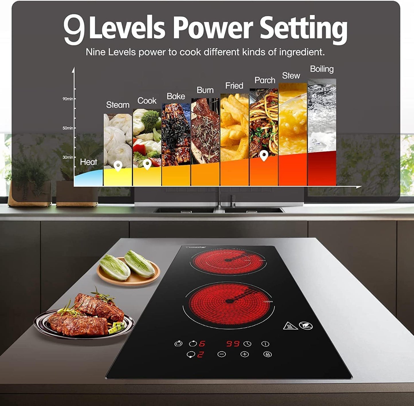 AMZCHEF Cooktop Elétrico de 2 Bocas 12" com 9 Níveis de Potência (Preto)