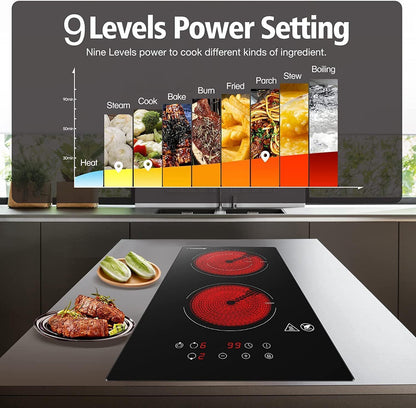 AMZCHEF Cooktop Elétrico de 2 Bocas 12" com 9 Níveis de Potência (Preto)