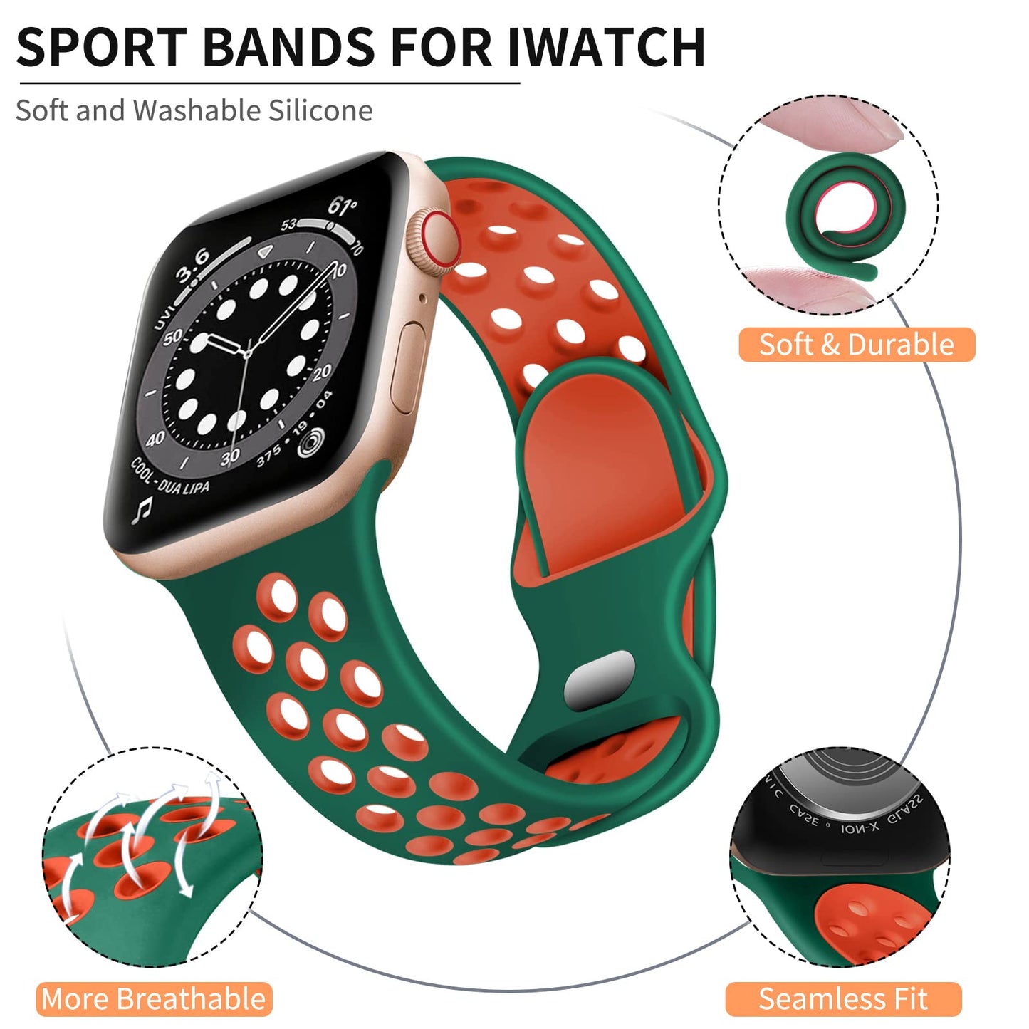 Lerobo Pulseira de Silicone para Apple Watch, 38mm-49mm, Esportiva (Pinegreen/Tangerine)