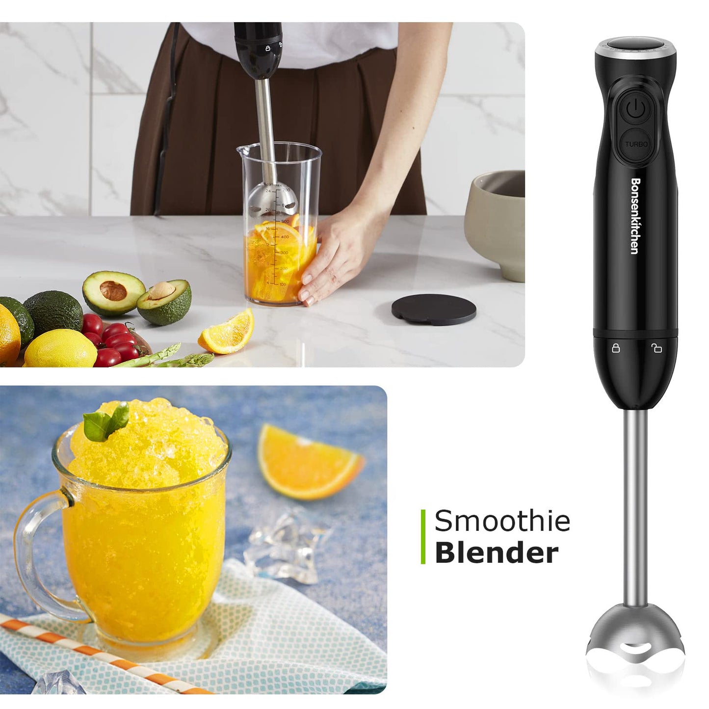 Mixer de Imersão Bonsenkitchen 300W, 12 Velocidades + Turbo, 3 em 1