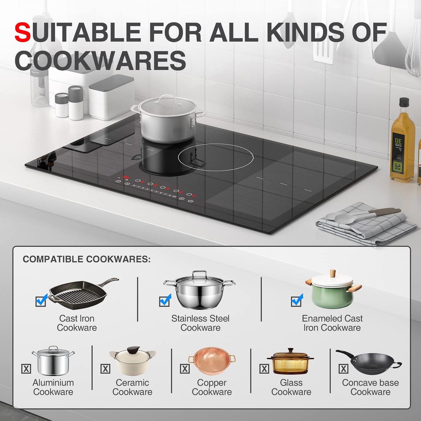 GTKZW Cooktop de Indução 30" 9000W com 5 Queimadores e 2 Zonas Bridge