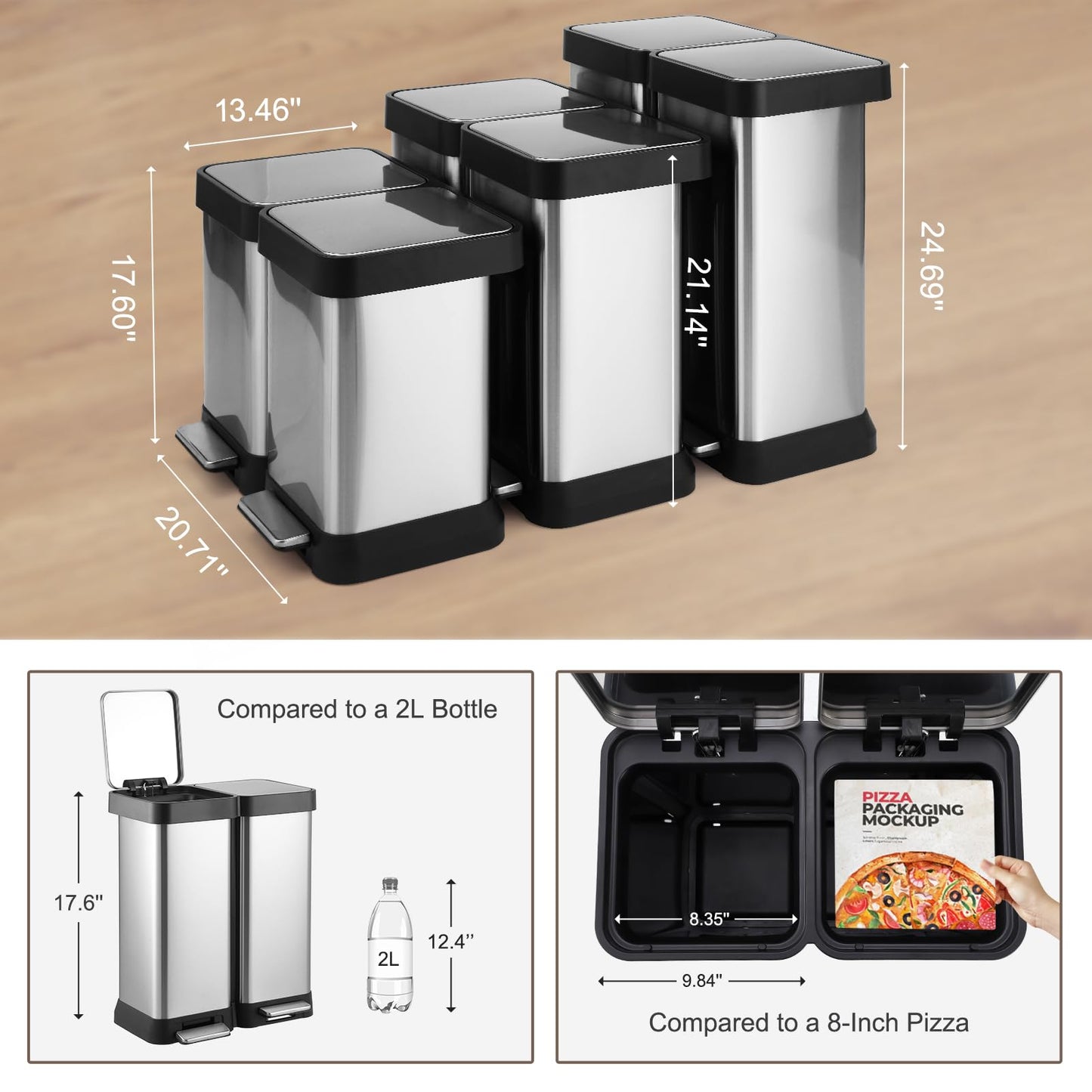 Takywep Lixeira Inox 40L com 2 Compartimentos e Tampa Silenciosa