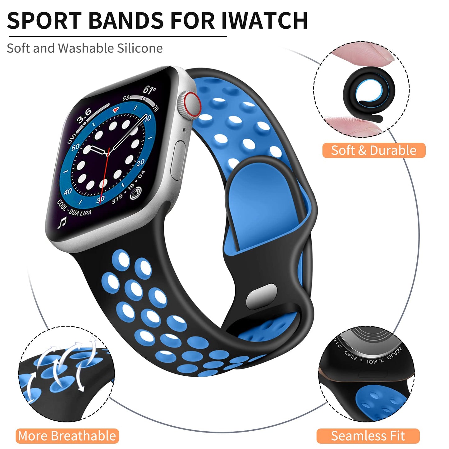 Lerobo Pulseira de Silicone Respirável para Apple Watch (Preto/Azul)