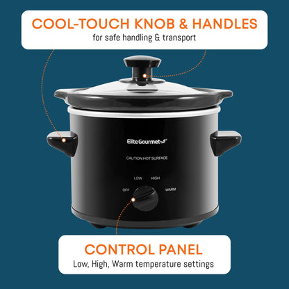 Elite Gourmet Panela Elétrica Slow Cooker 2 Quartos com Tampa de Vidro (Preto)