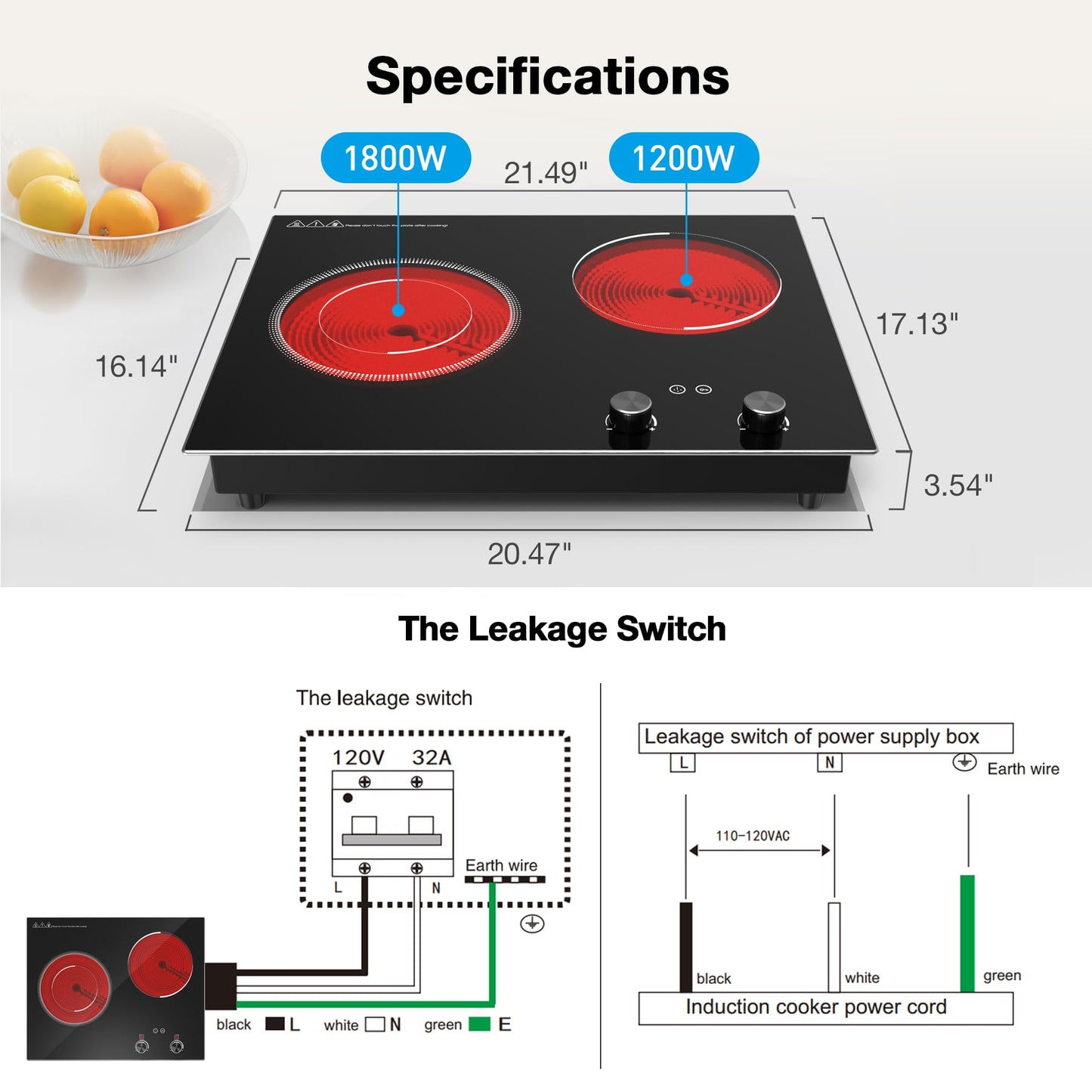 VBGK Cooktop Elétrico Duplo 3000W com 10 Níveis de Aquecimento e Timer (Preto)