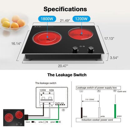 VBGK Cooktop Elétrico Duplo 3000W com 10 Níveis de Aquecimento e Timer (Preto)