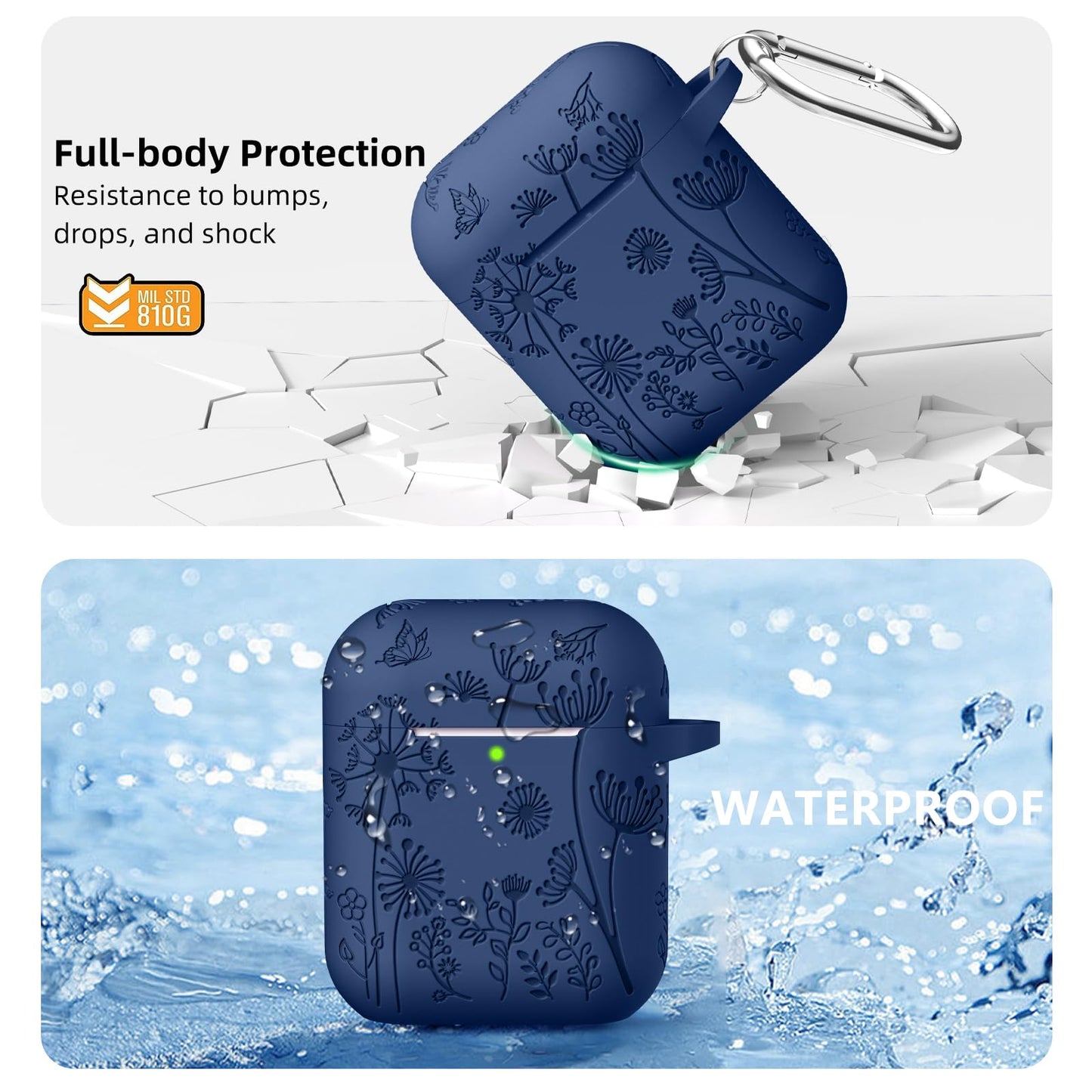 Lerobo Capa Gravada Silicone para AirPods 1ª/2ª Geração com Mosquetão (Azul Meia-Noite)