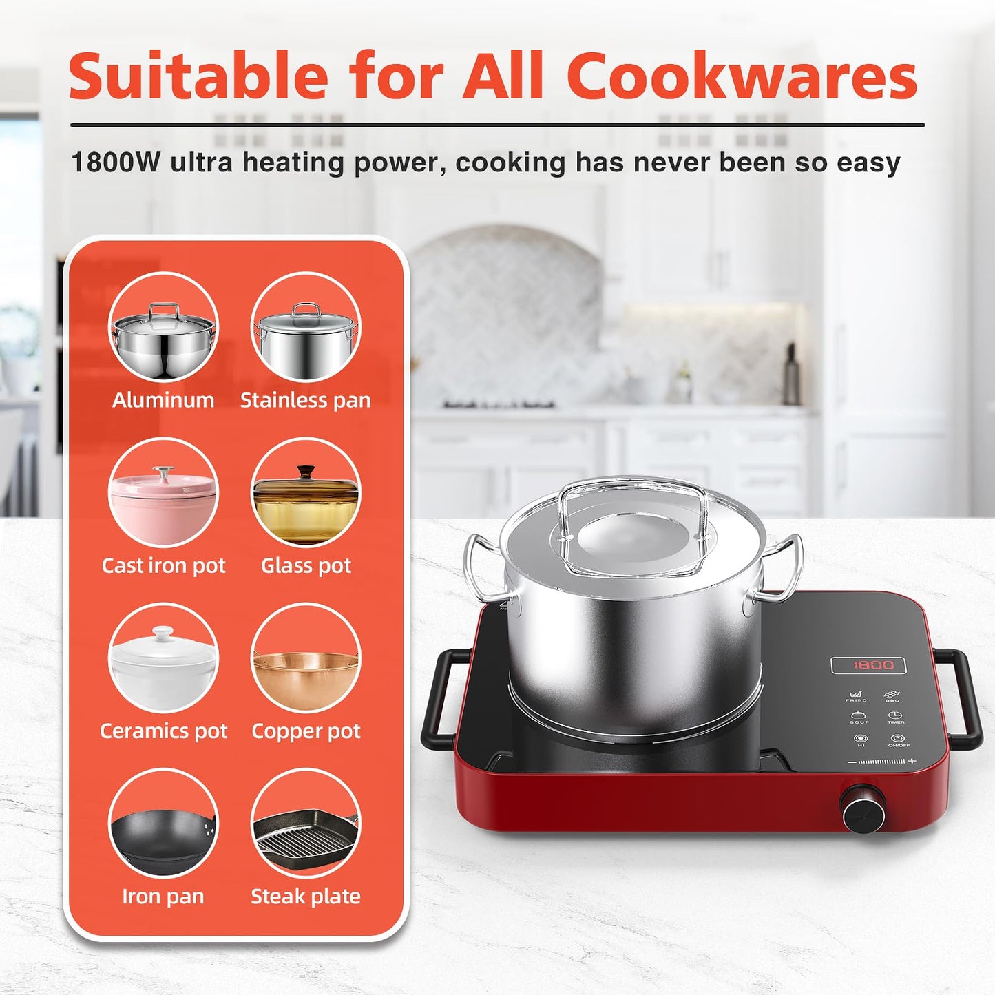 GTKZW Cooktop Elétrico Portátil 1800W com Controle Touch e Botão (Vermelho)