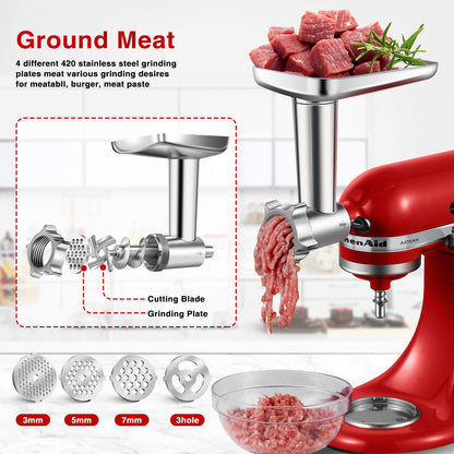 AMZCHEF Moedor de Carne Compatível com KitchenAid Stand Mixer (Prata)