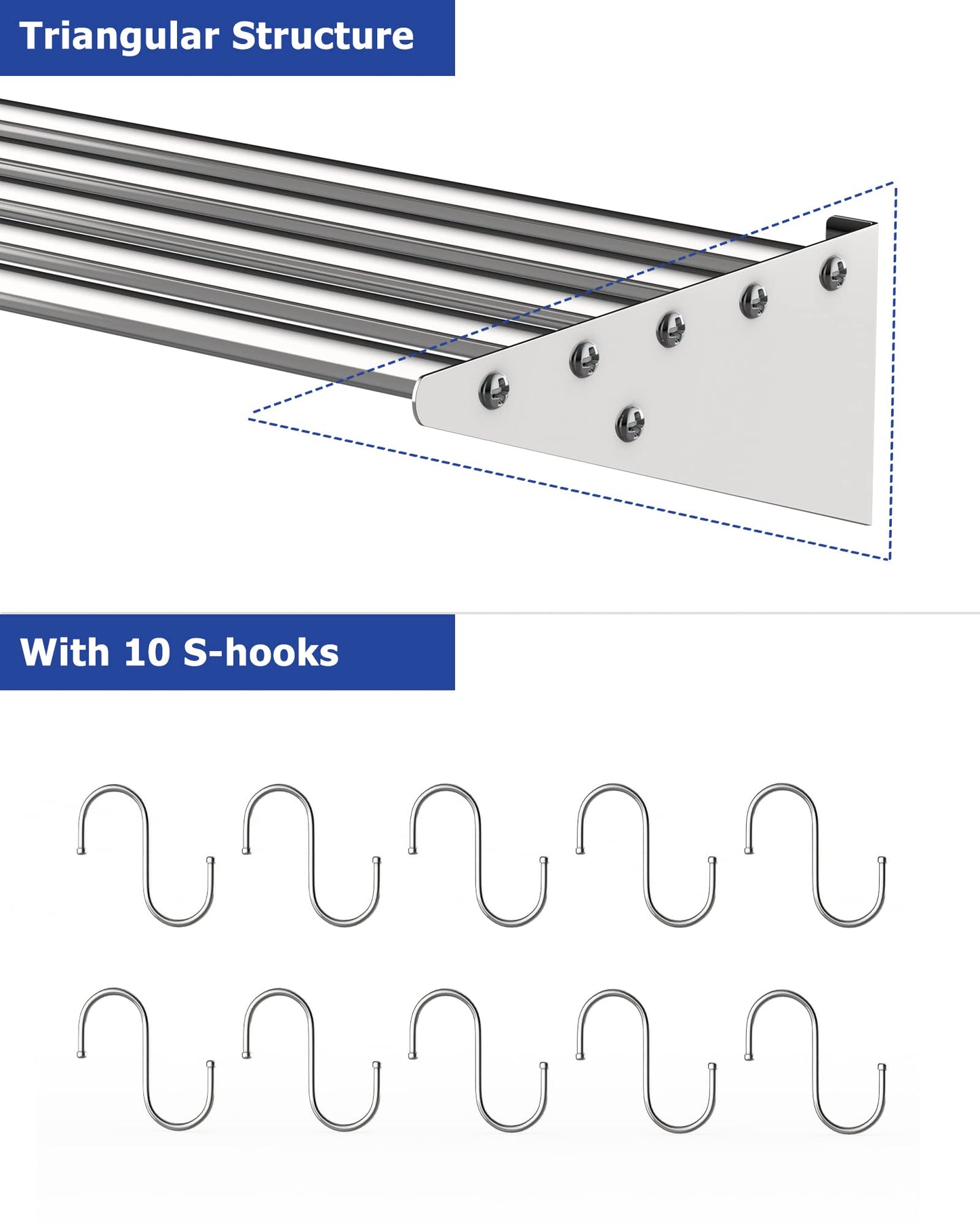 Takywep Prateleira Suspensa de Aço Inox 24" com 10 Ganchos