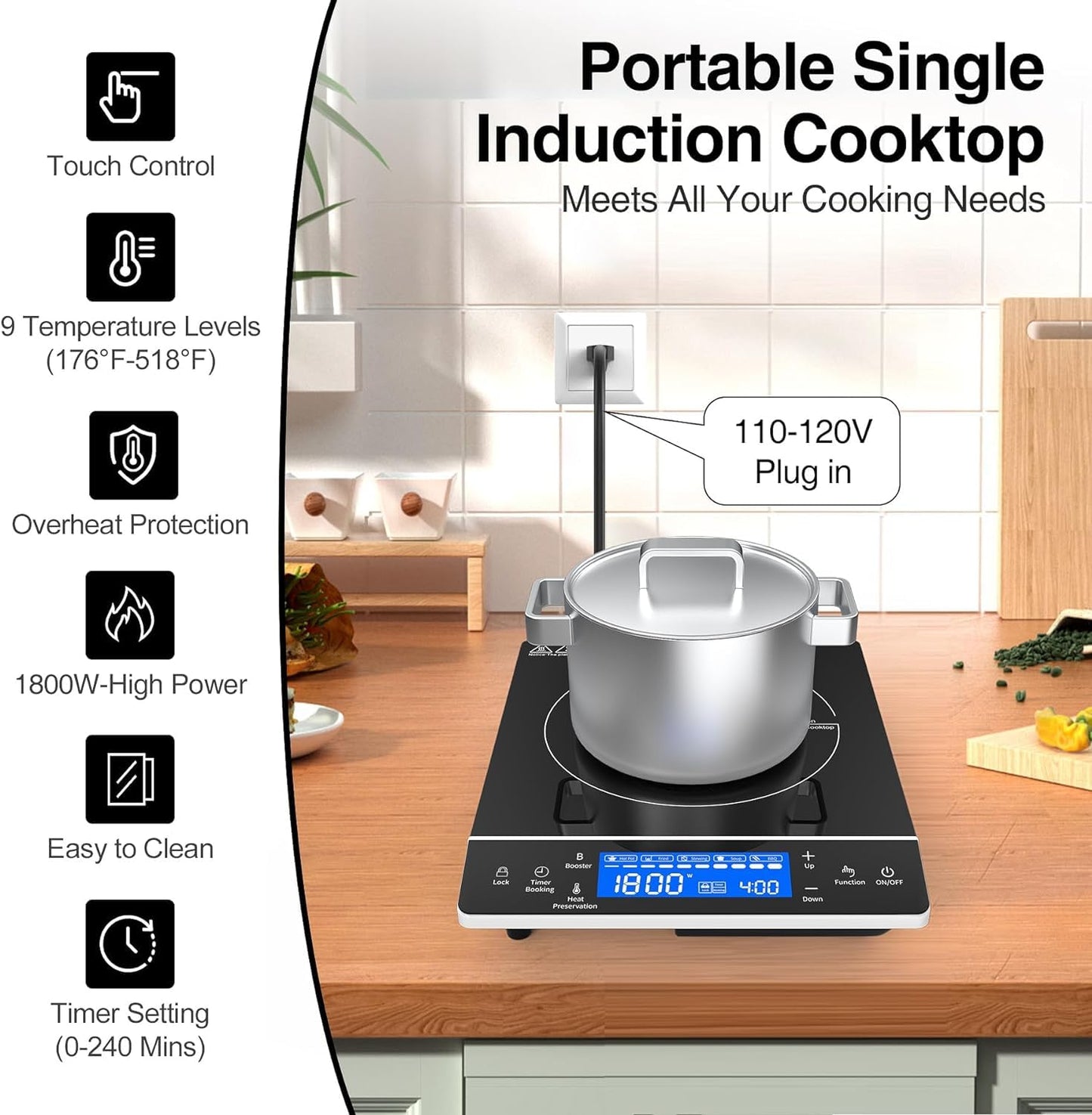 VBGK Induction Cooktop 1800W, Portátil, 9 Níveis, Controle Touch, 110V