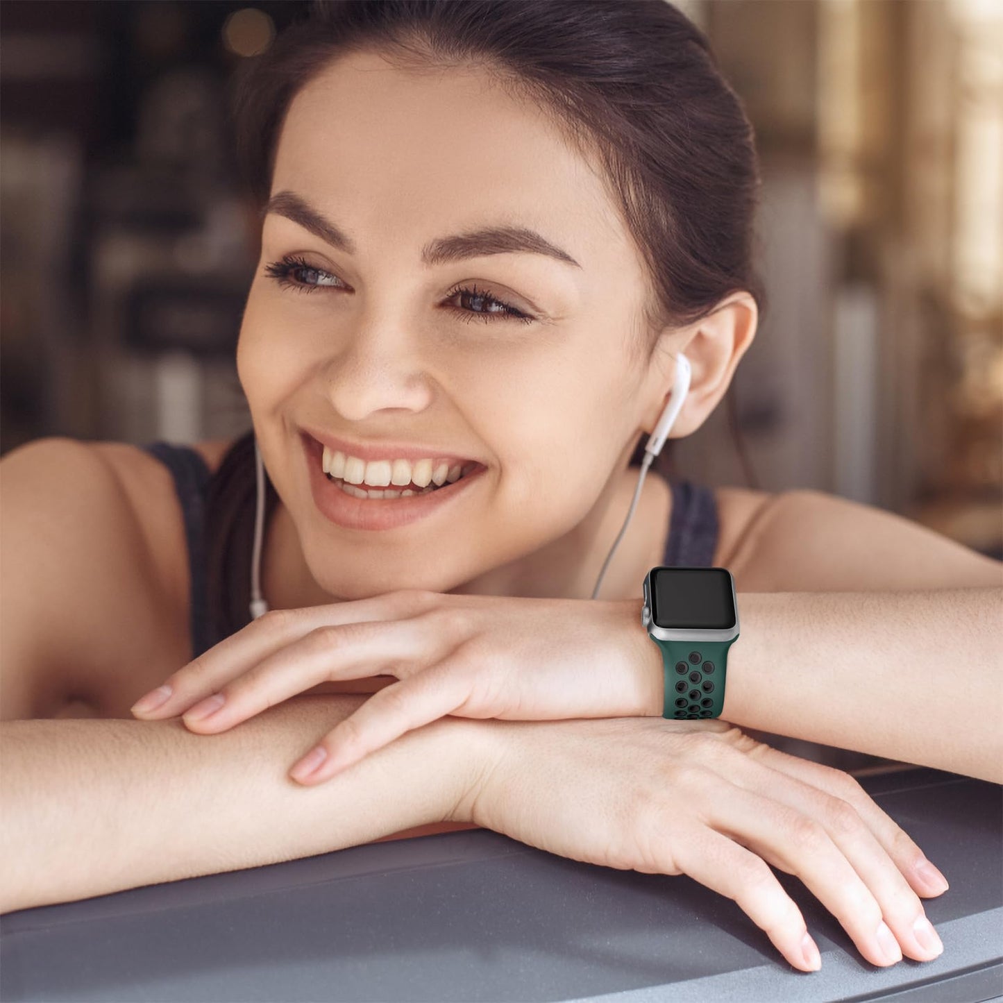 Lerobo Pulseira Silicone Resp. p/ Apple Watch 38-49mm (Verde escuro e preto)