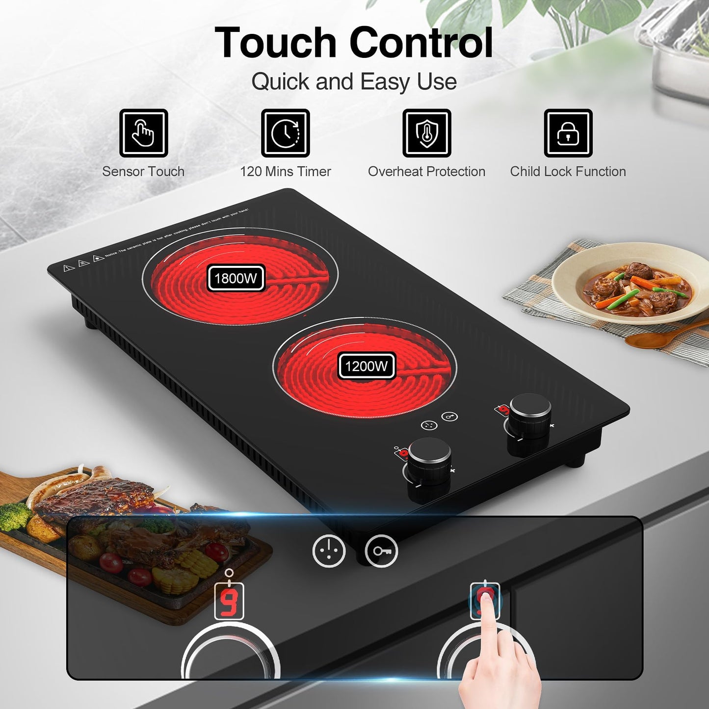 VBGK Cooktop Elétrico 3000W com 2 Queimadores e Controle Touch (Preto)