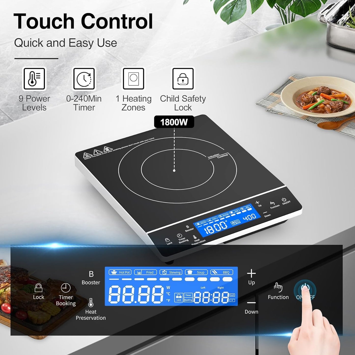 VBGK Induction Cooktop 1800W, Portátil, 9 Níveis, Controle Touch, 110V