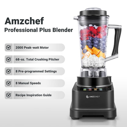 AMZCHEF Liquidificador Profissional 8-em-1 2000W com Painel LED, Preto