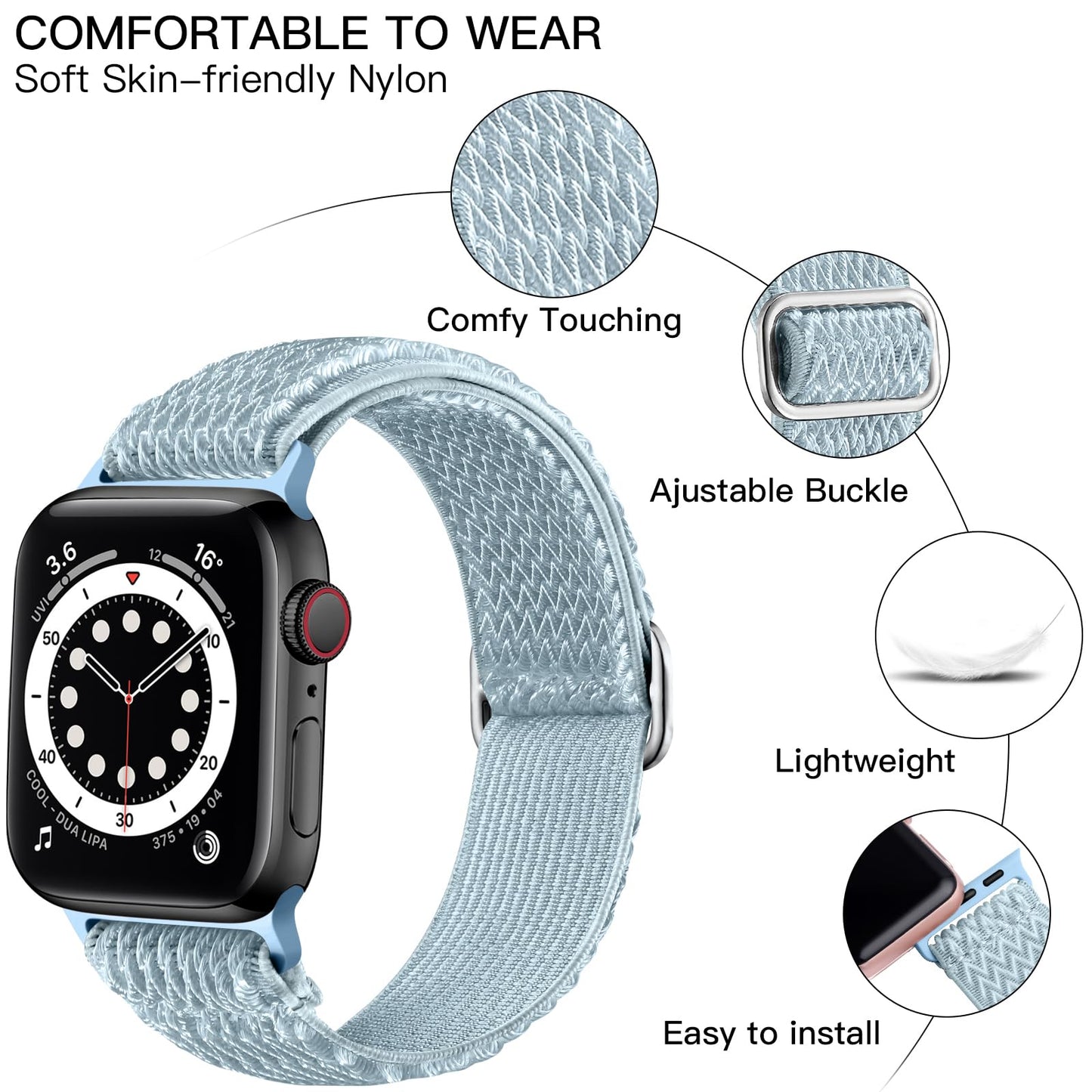 Lerobo Pulseira de Nylon Elástica p/ Apple Watch, Ajustável, M/L (Mist Blue)