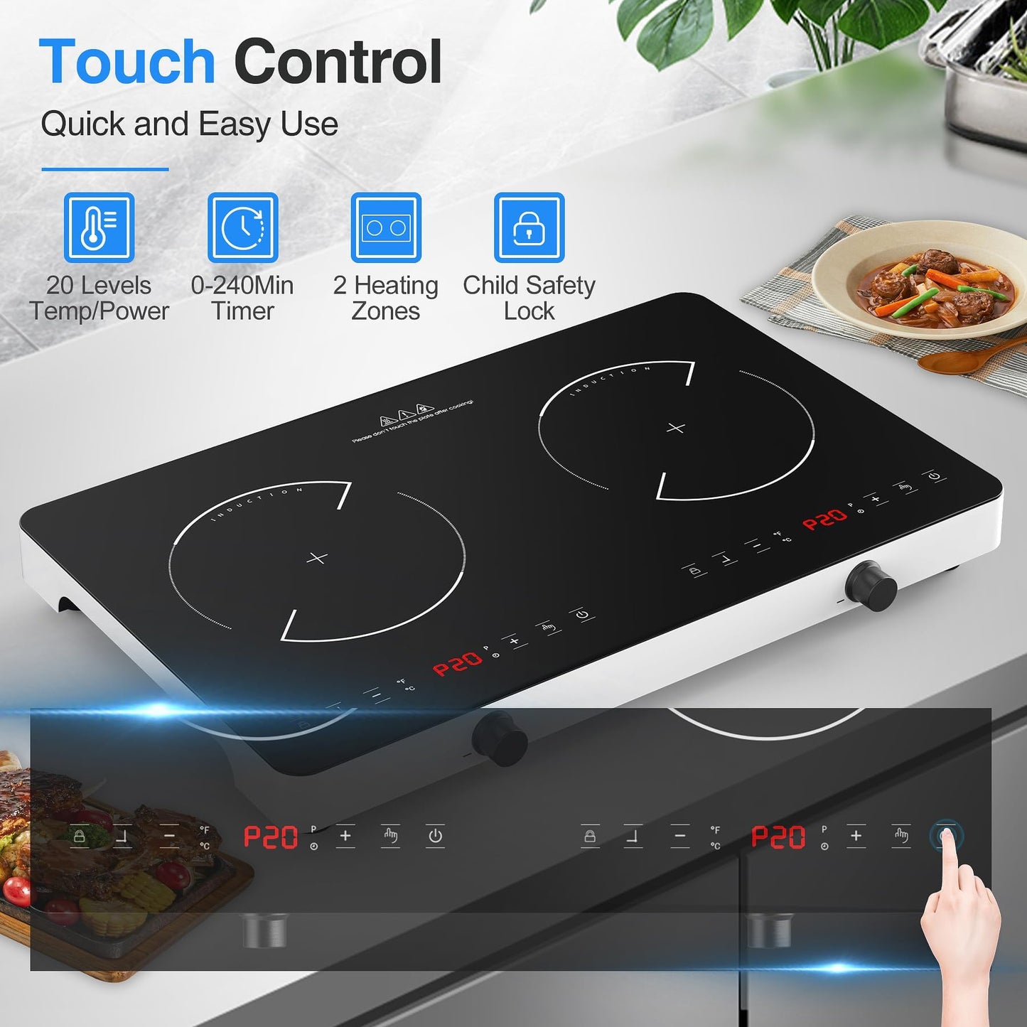 VBGK Cooktop Indução Dupla 4000W com 20 Níveis e Bloqueio Infantil (Preto)