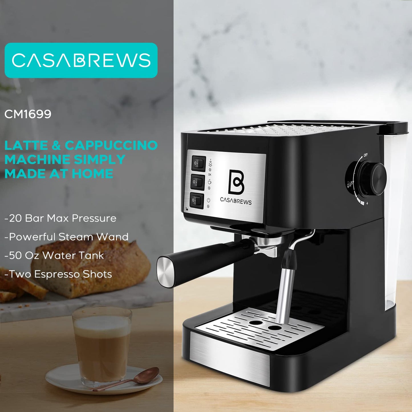 CASABREWS Máquina de Café Expresso 20 Bar com Vaporizador (Preto/Prata)