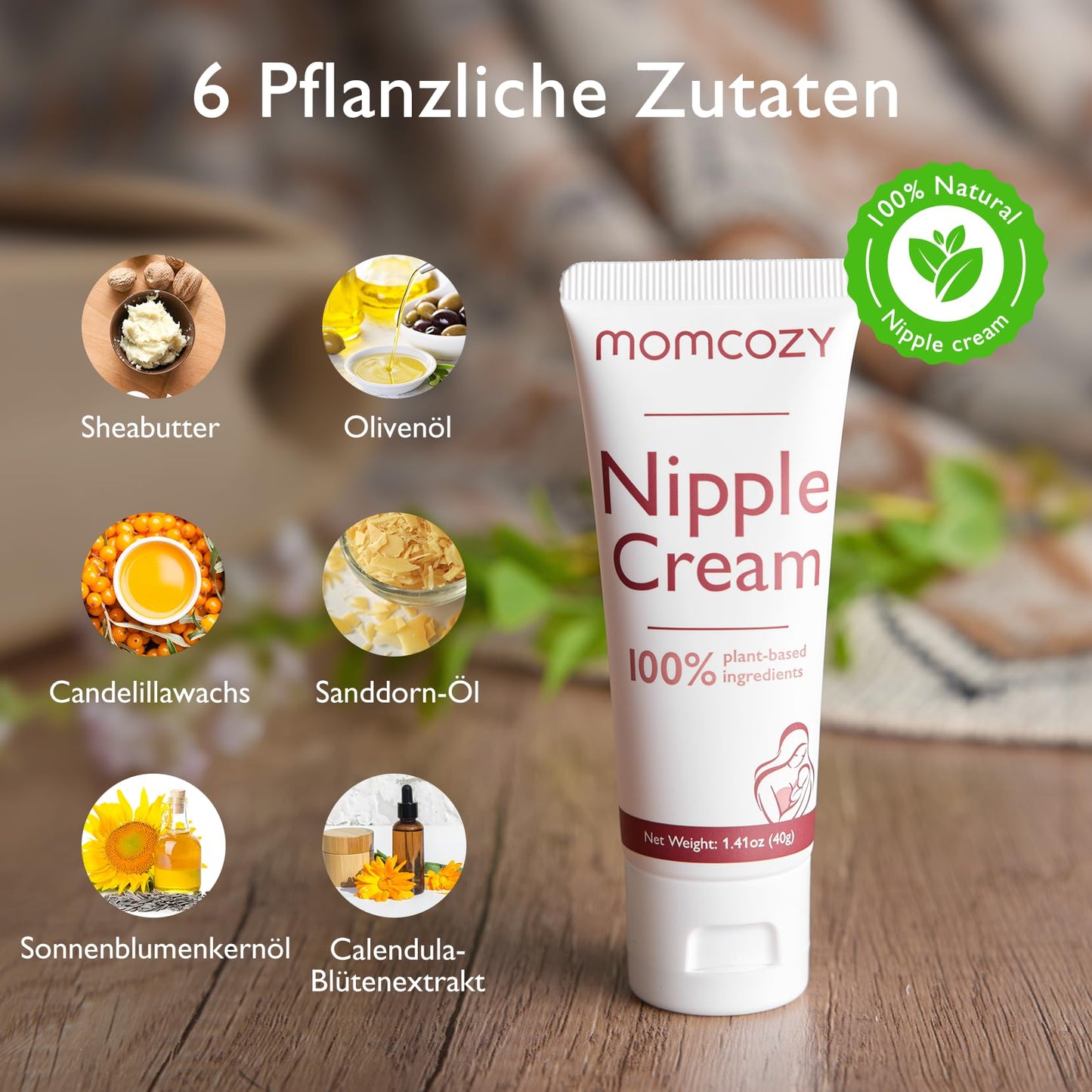 Momcozy Creme Natural para Mamilos 100% Vegano, Hidratação e Alívio para Mães que Amamentam, 40 g