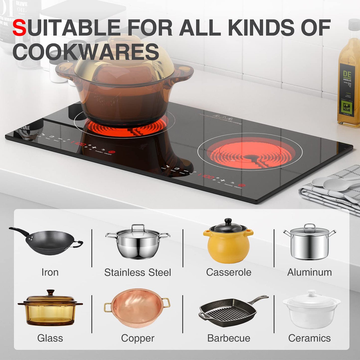 GTKZW Cooktop Elétrico 24" 2400W com 2 Queimadores e Tela Touch LED