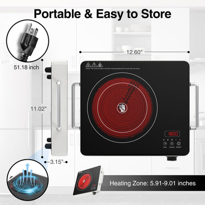 VBGK Cooktop Elétrico Portátil 1800W com 9 Níveis de Potência e Timer (Preto)