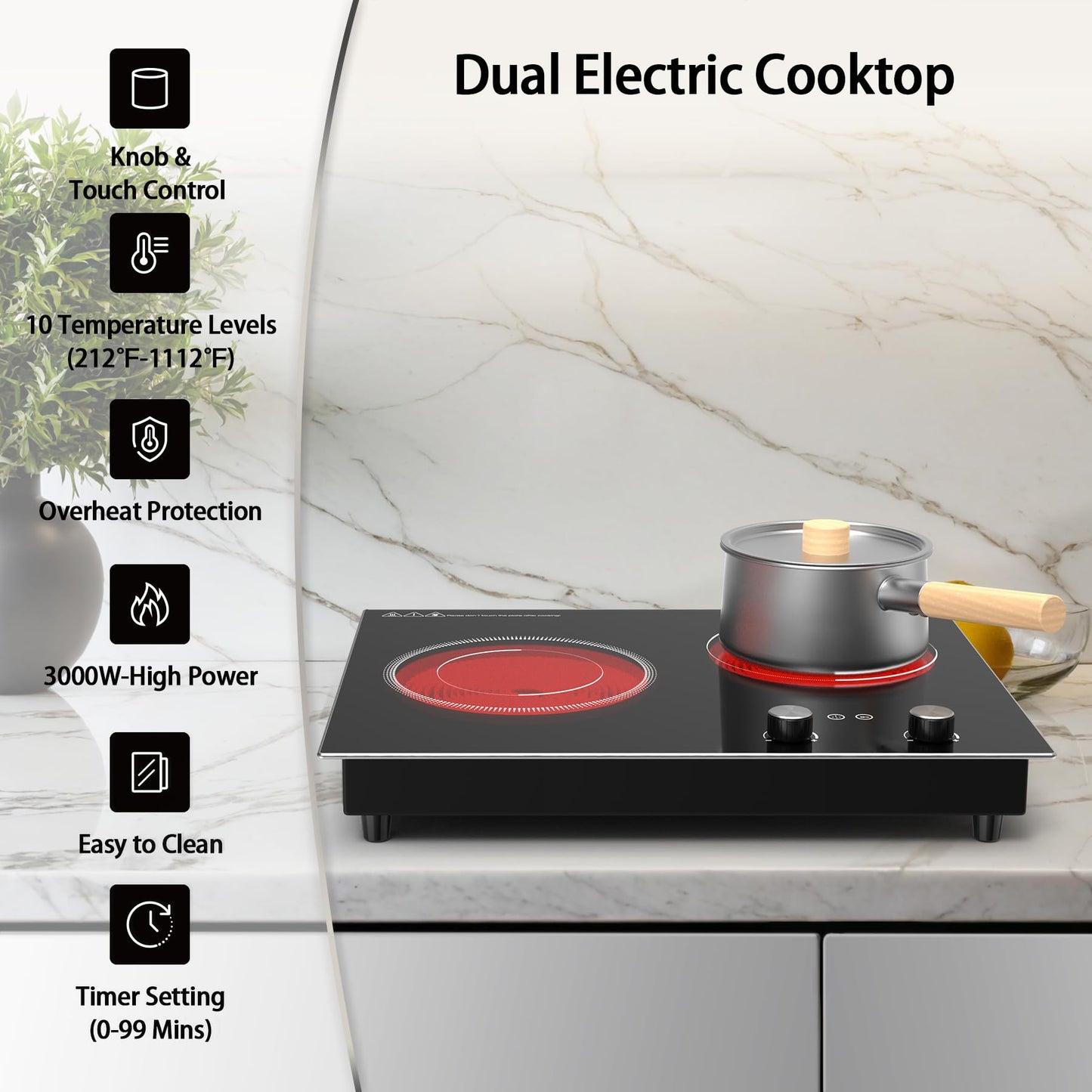 VBGK Cooktop Elétrico Duplo 3000W com 10 Níveis de Aquecimento e Timer (Preto)