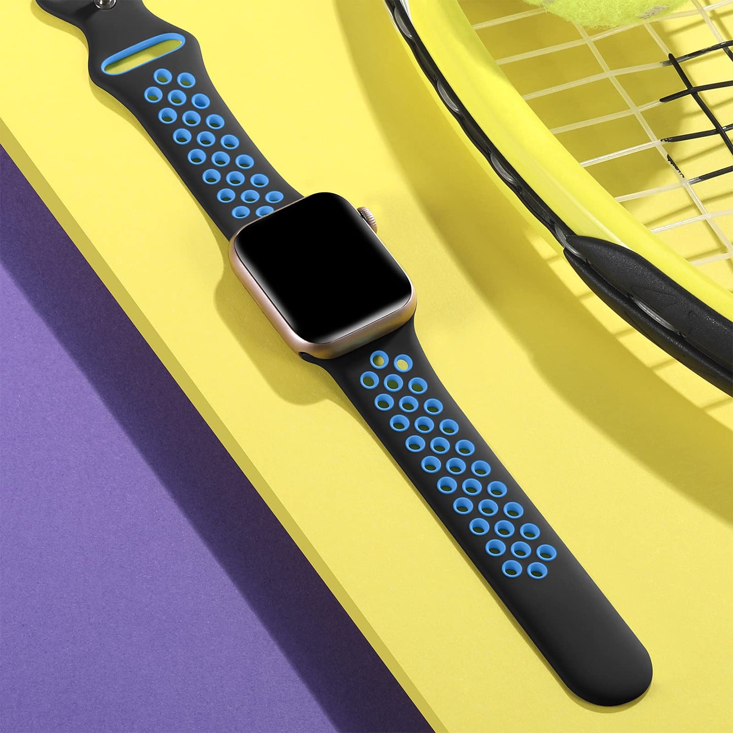 Lerobo Pulseira de Silicone Respirável para Apple Watch (Preto/Azul)