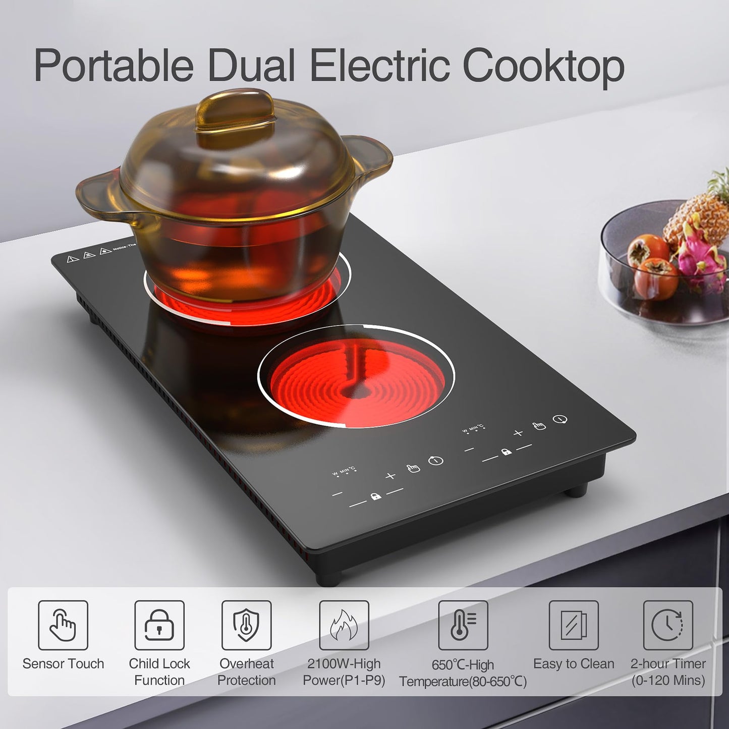 VBGK Cooktop Elétrico Embutido 12" 2100W com 2 Queimadores (Preto)