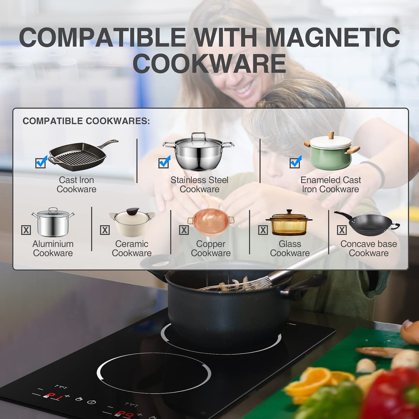 GTKZW Cooktop de Indução Duplo 12" com 2 Queimadores e 9 Níveis (Preto)