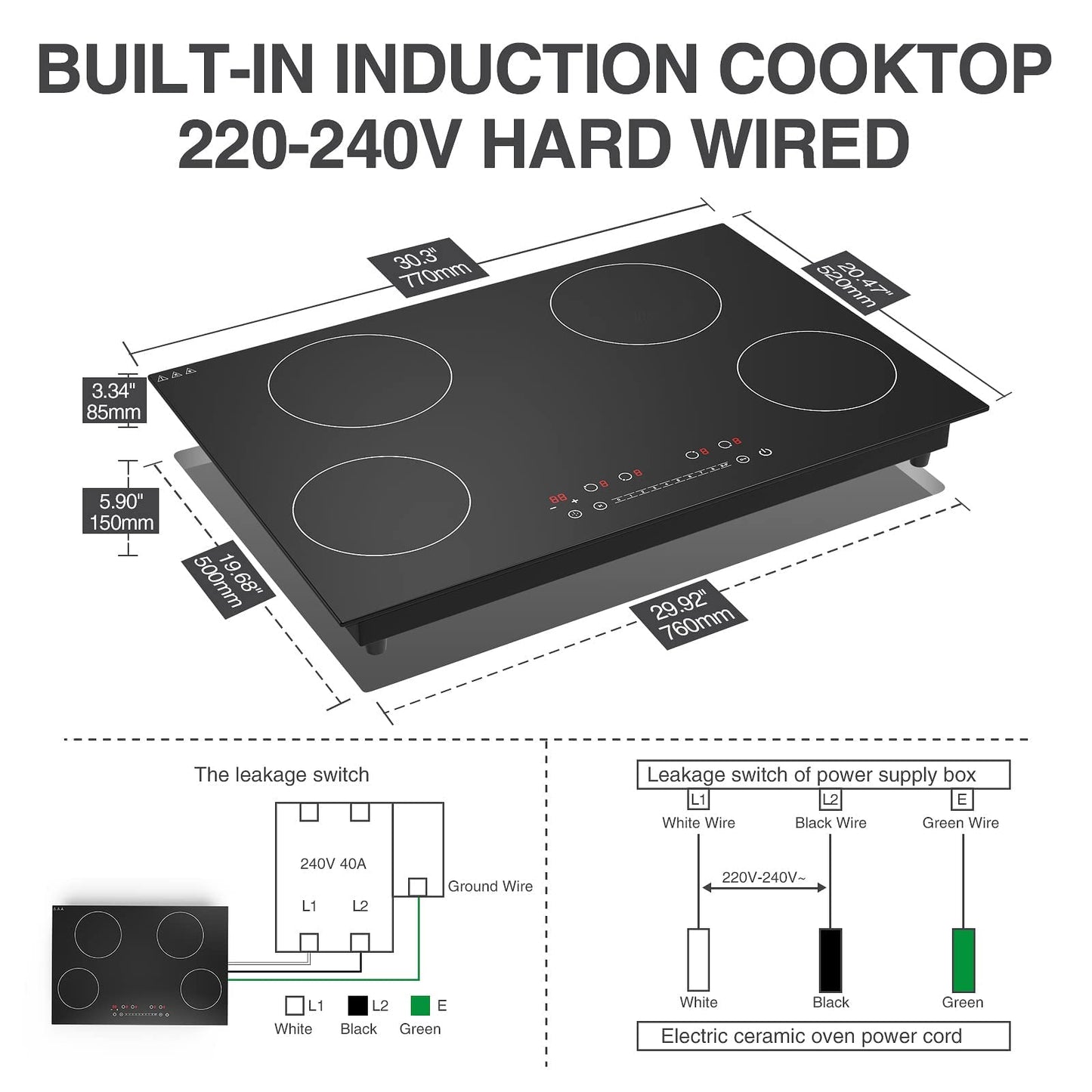 GTKZW Cooktop de Indução 30" 6400W com 4 Queimadores e Tela Touch (Preto)