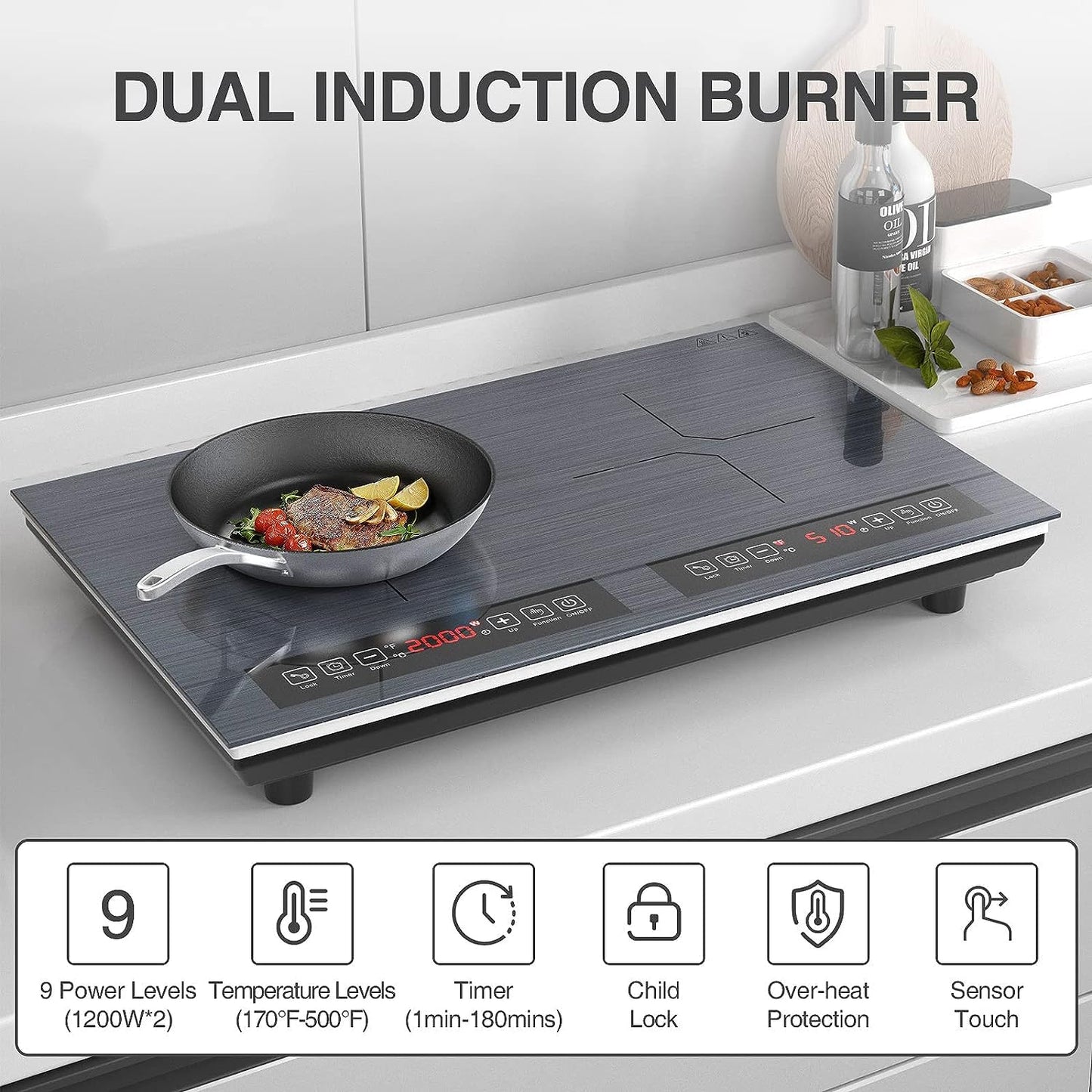 GTKZW Cooktop de Indução 110V, 24 Polegadas, 2 Queimadores (Preto)