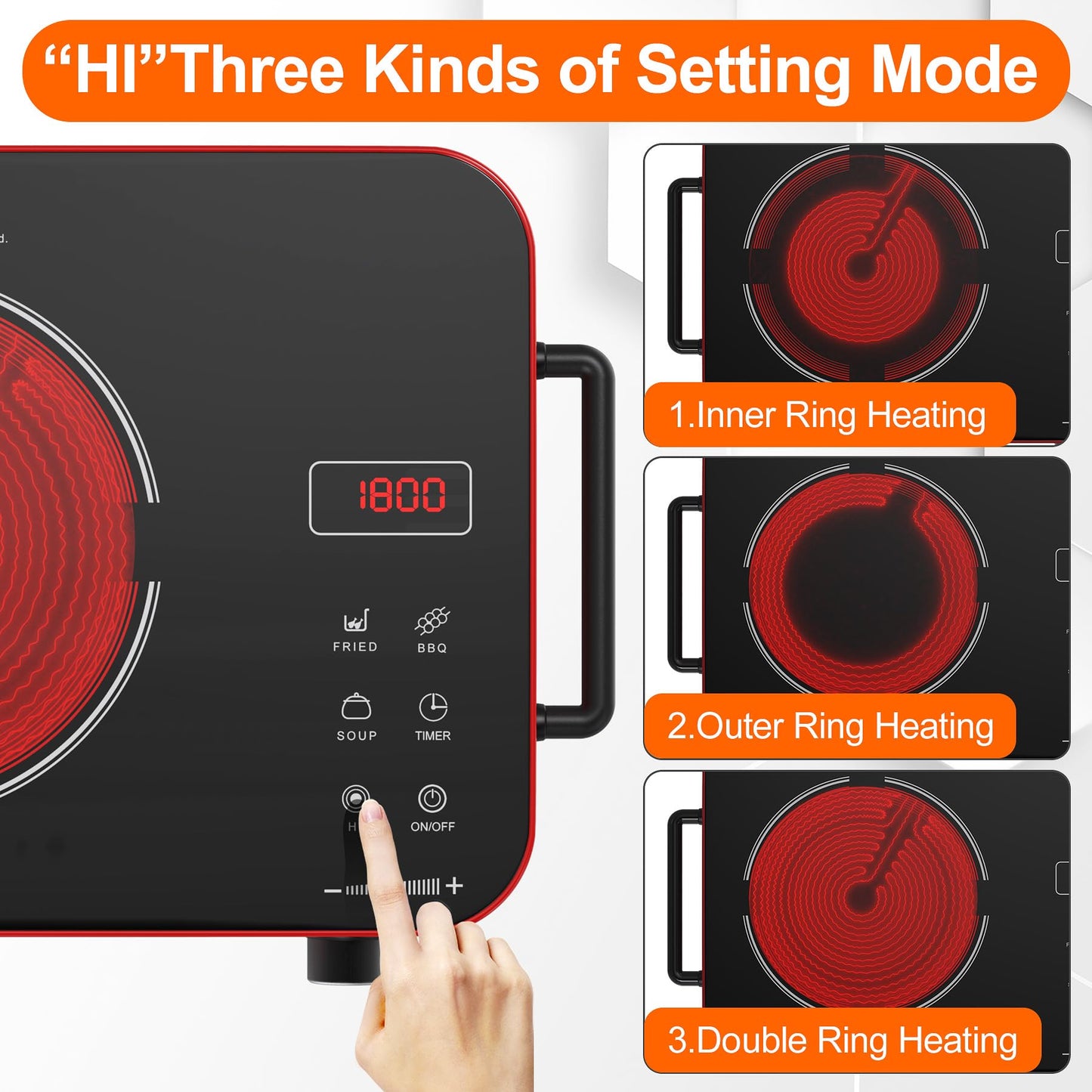 VBGK Cooktop Elétrico Portátil 1800W com Controle de Toque e Knob (Vermelho)