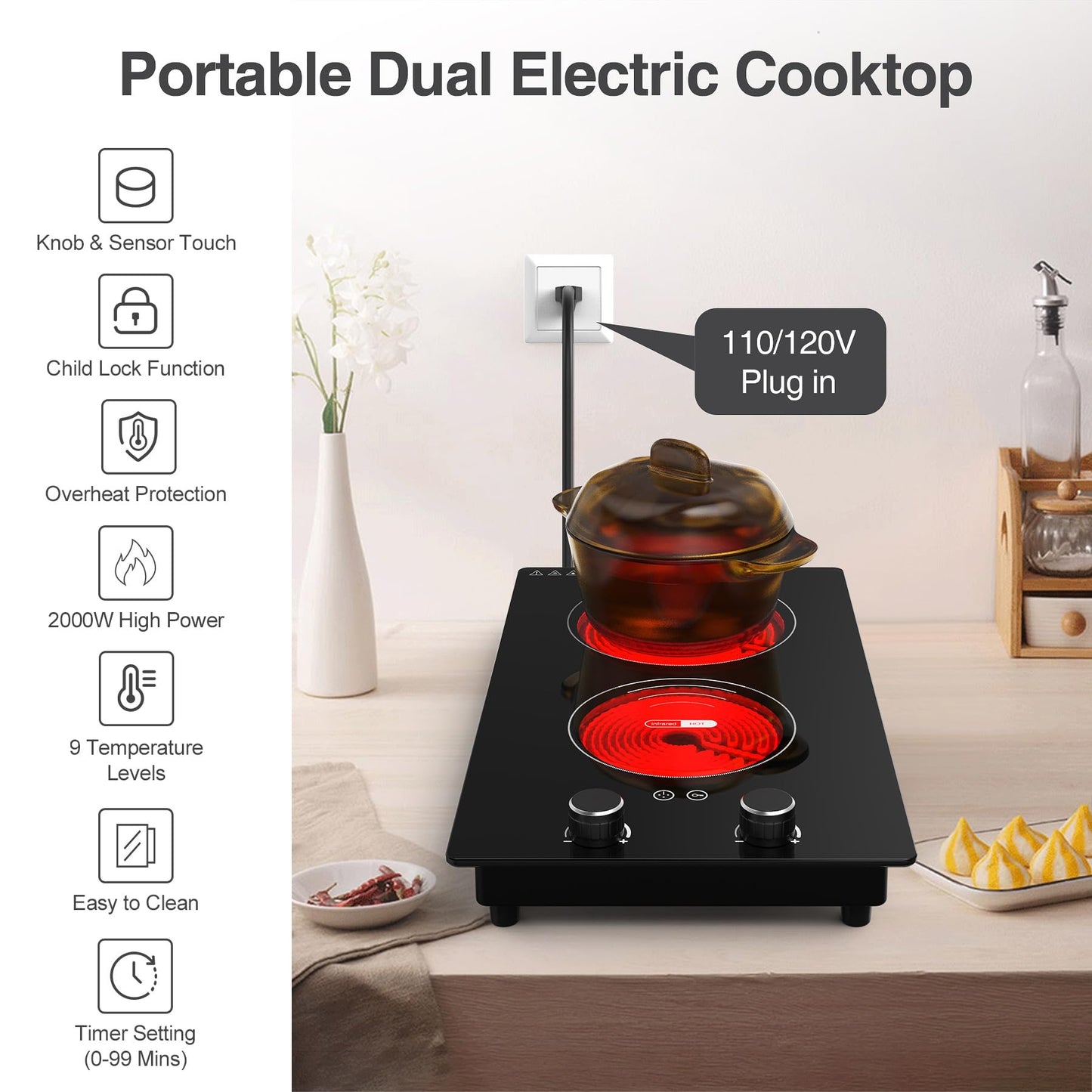 VBGK Cooktop Elétrico de 12" com 2 Zonas, 9 Níveis e Bloqueio Infantil