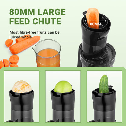 AMZCHEF Slow Juicer 80MM Chute, Alta Eficiência para Frutas e Vegetais (Prata)