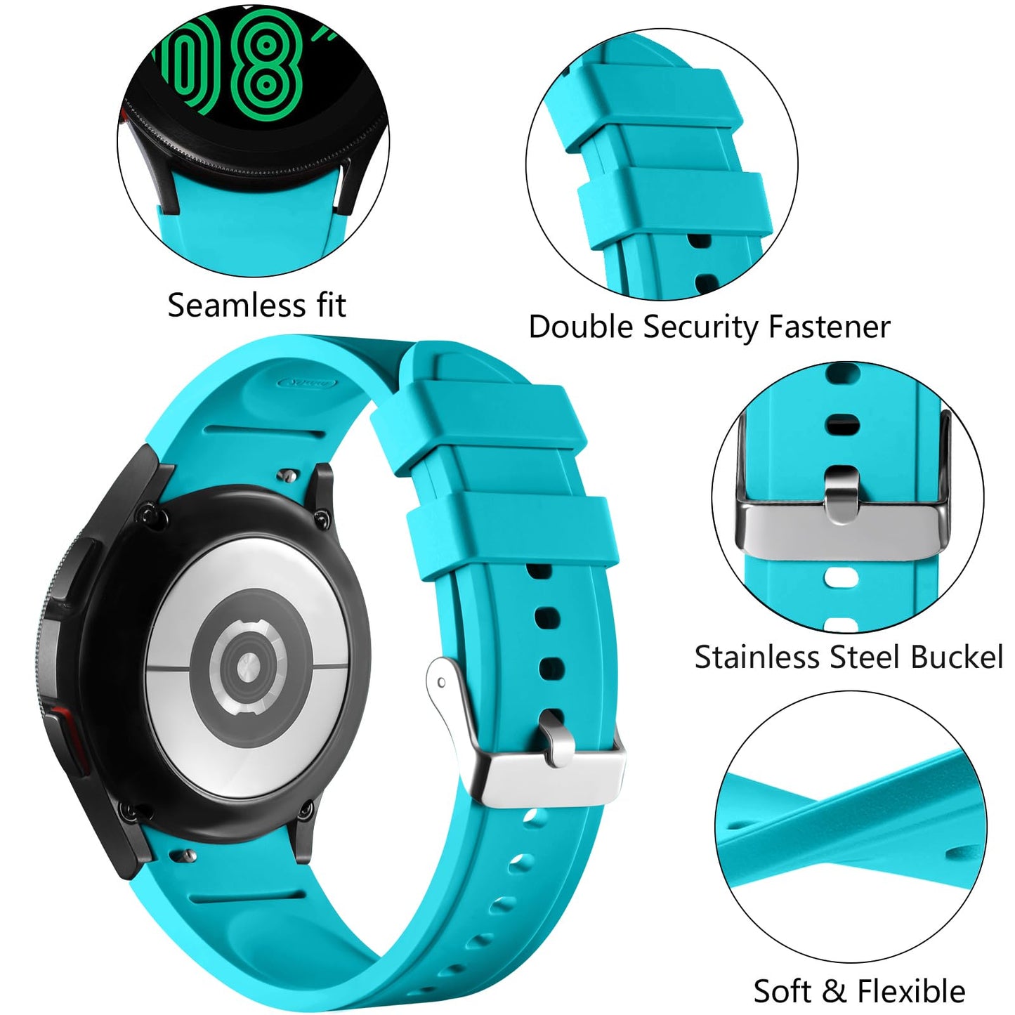 Lerobo Pulseira Sem Lacunas p/ Galaxy Watch, Silicone, 20mm (Cyan)