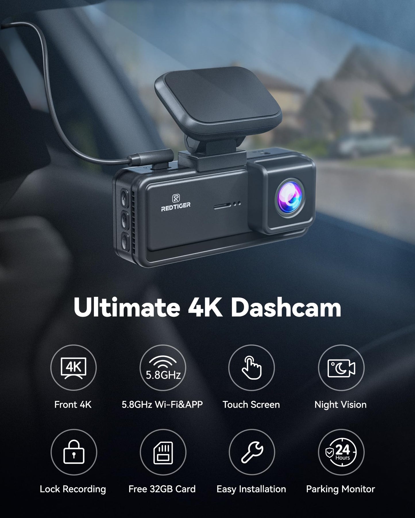 REDTIGER Dash Cam 4K, Wi-Fi 5.8GHz, GPS, Visão Noturna, 32GB