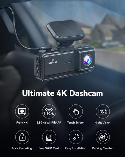 REDTIGER Dash Cam 4K, Wi-Fi 5.8GHz, GPS, Visão Noturna, 32GB