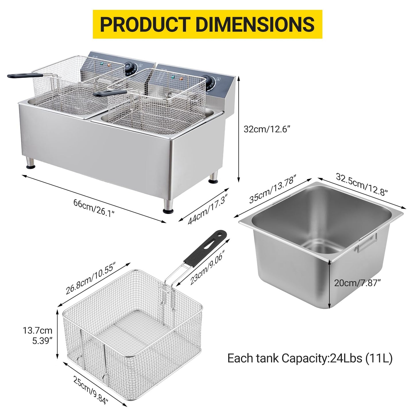 Takywep Fritadeira Elétrica Comercial de 22L com Tanque Duplo e Cestos (73 cm x 52 cm x 36,5 cm)