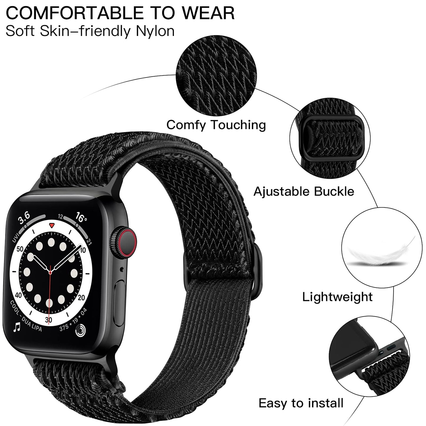 Lerobo Pulseira Solo Loop Ajustável em Nylon Compatível com Apple Watch (Preto)