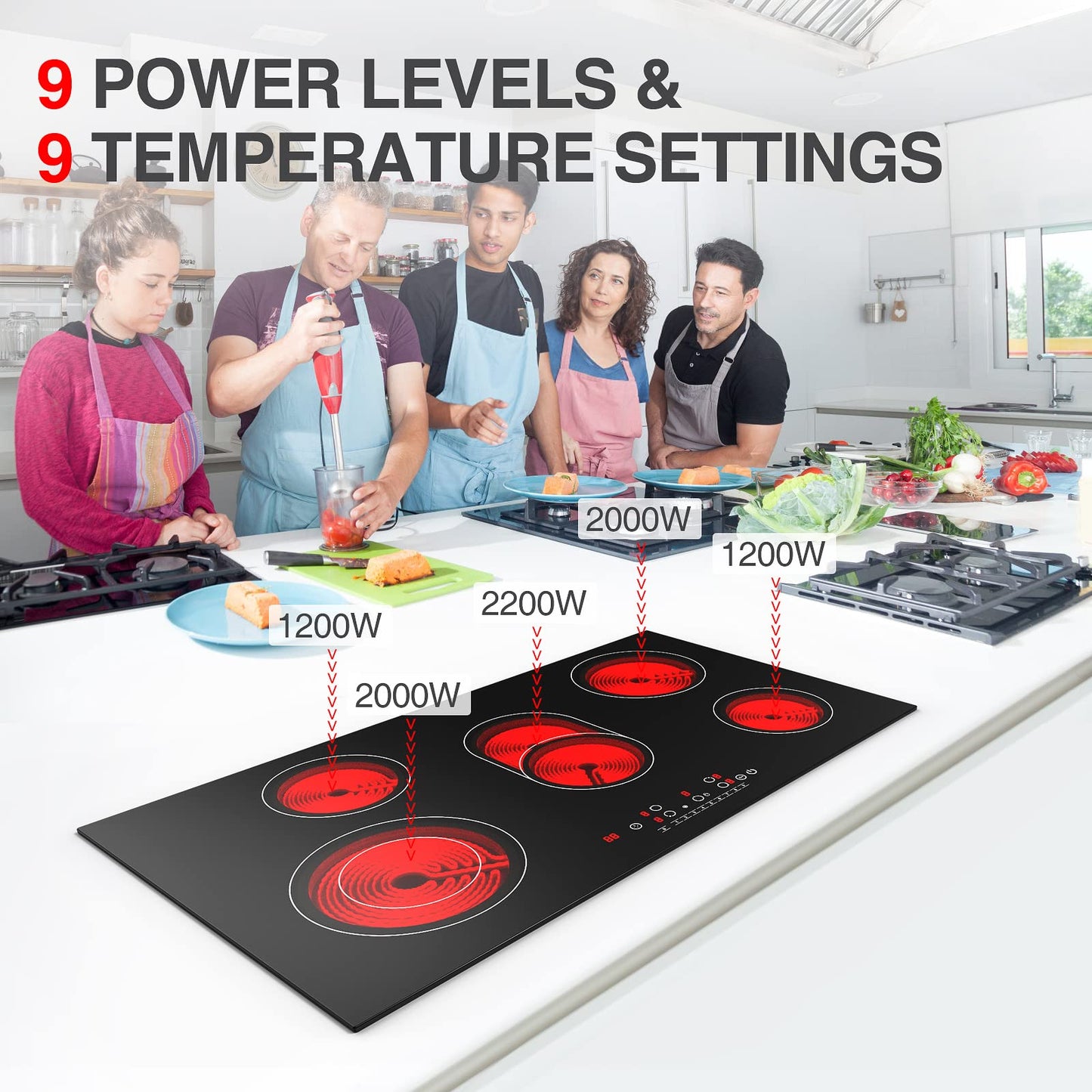 GTKZW Cooktop Elétrico 36" com 5 Queimadores, 8600W e Trava Infantil (Preto)