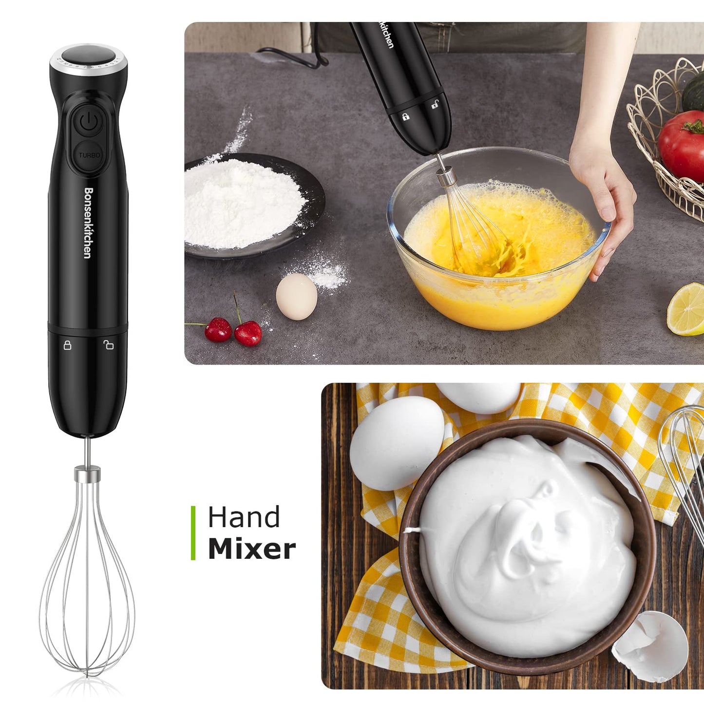 Mixer de Imersão Bonsenkitchen 300W, 12 Velocidades + Turbo, 3 em 1