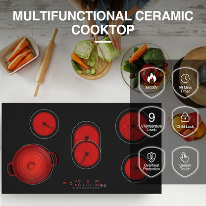 GTKZW Cooktop Elétrico 36" com 5 Queimadores, 8600W e Trava Infantil (Preto)