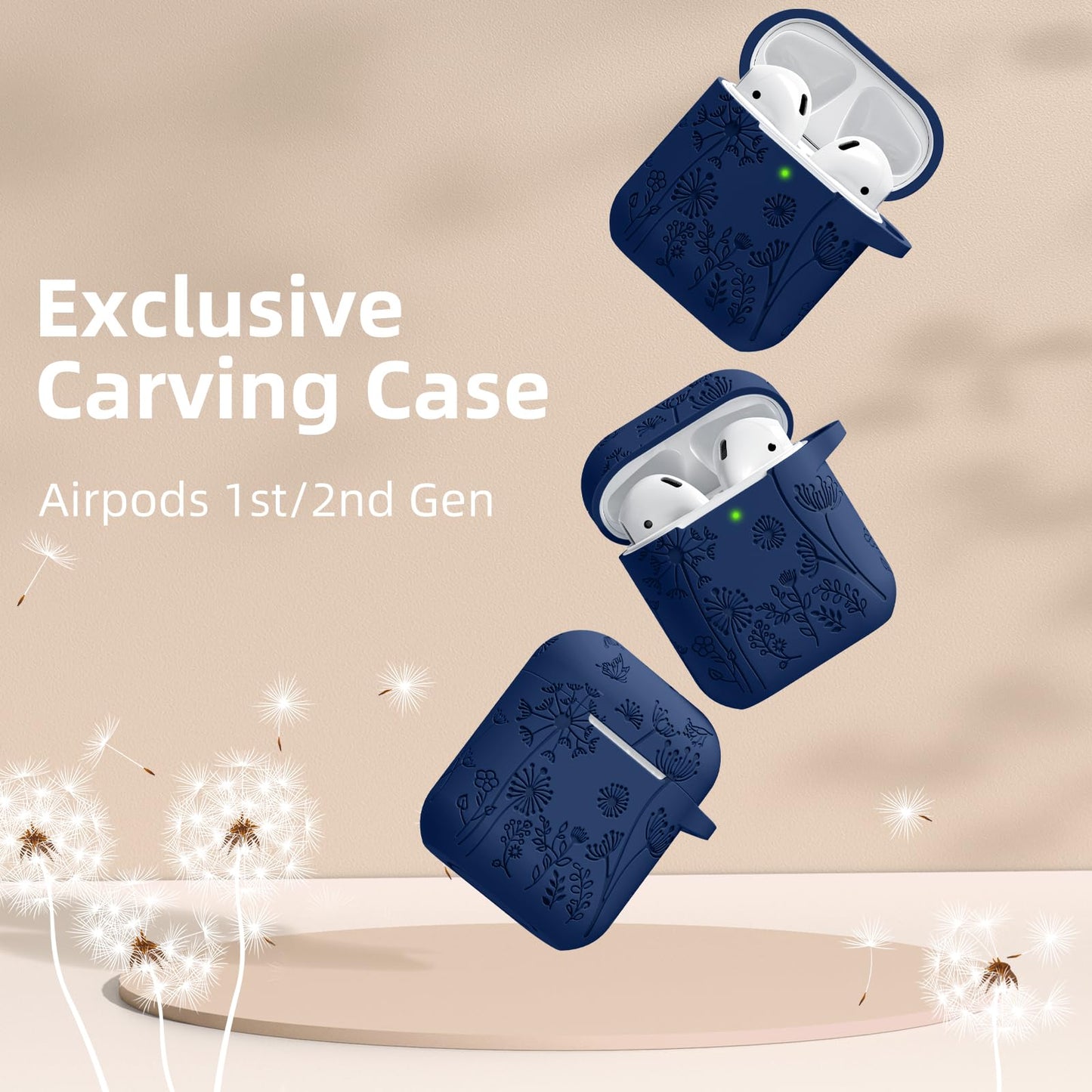 Lerobo Capa Gravada Silicone para AirPods 1ª/2ª Geração com Mosquetão (Azul Meia-Noite)