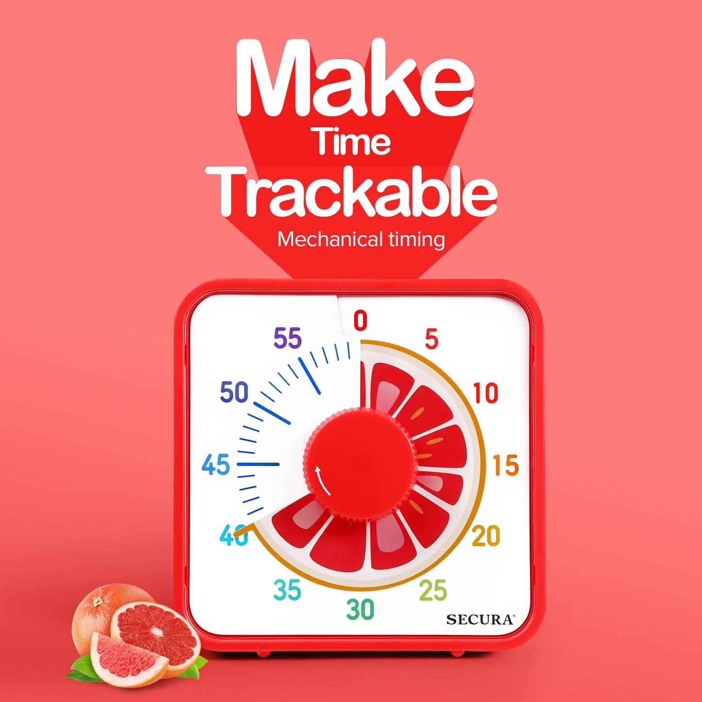 Secura Timer Visual de 60 Minutos com Ímã para Crianças, Design Fruta (Toranja)