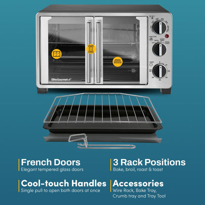 Elite Gourmet Forno de Bancada 25L com Porta Dupla Francesa (Inox/Preto)