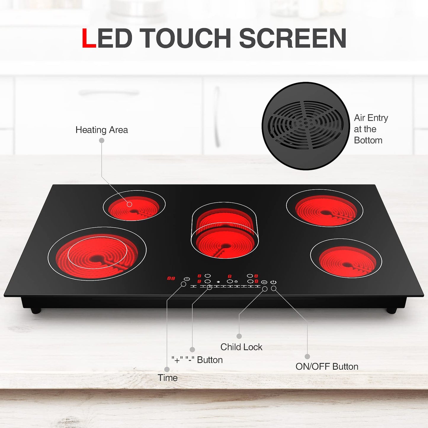 GTKZW Cooktop Elétrico 36" 8600W com 5 Queimadores e Tela Touch (Preto)