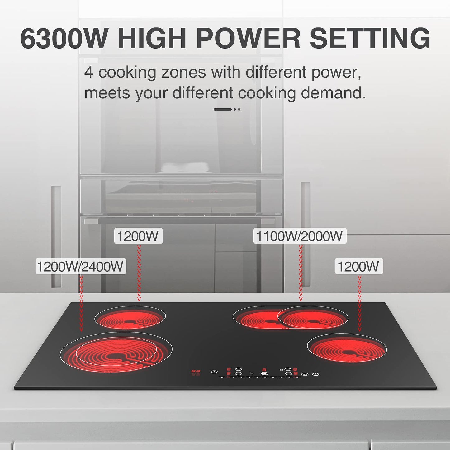 GTKZW Cooktop Elétrico 30" 6800W com 4 Queimadores e Tela Touch (Preto)